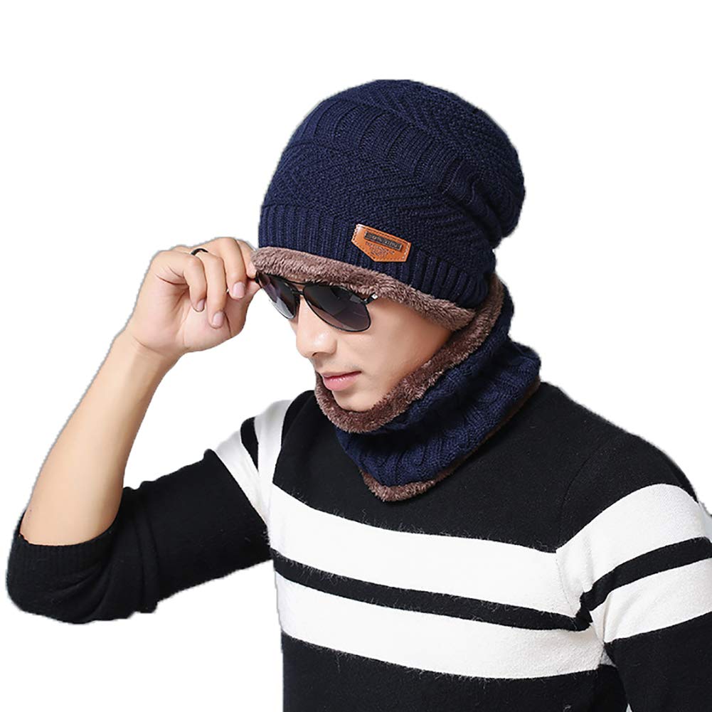 Blevla 2-Pieces Winter Beanie Hat Scarf Set Warm Knit Hat Thick Knit Skull Cap For Men Women Navy