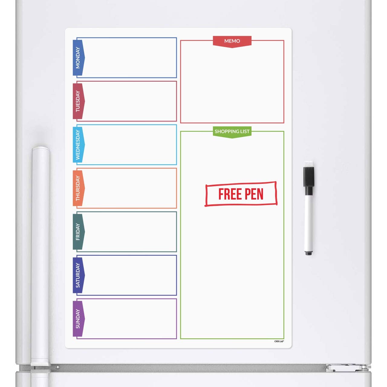 CKB Ltd® Colour Shopping Magnetic Fridge Board with Marker White Board & Pen - Drywipe Magnet Whiteboard Kitchen Office Memo Notice Board Large A3 Meal Daily Planner