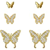 3 Pairs 14K Gold Plated Butterfly Stud Earrings for Women - Cubic Zirconia Bow Design, Hypoallergenic Fashion Jewelry Gift