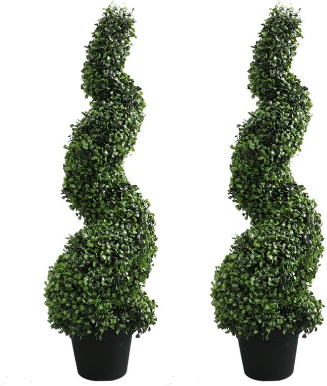 Armada Topiary Trees Artificial Faux Fakes Spiral Plant Green Cedar Tree Boxwood Topirary Plants Indoor Outdoor Decor with Plastic Pot Set of 2 (35 Inch)
