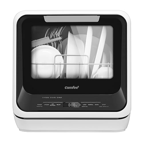 COMFEE' Portable Mini Dishwasher Countertop with 5L Built-in Water Tank for Apartments& RVs, No Hookup Needed, 6 Programs, 360° Dual Spray, 162℉ High-Temp& Air-Dry Function
