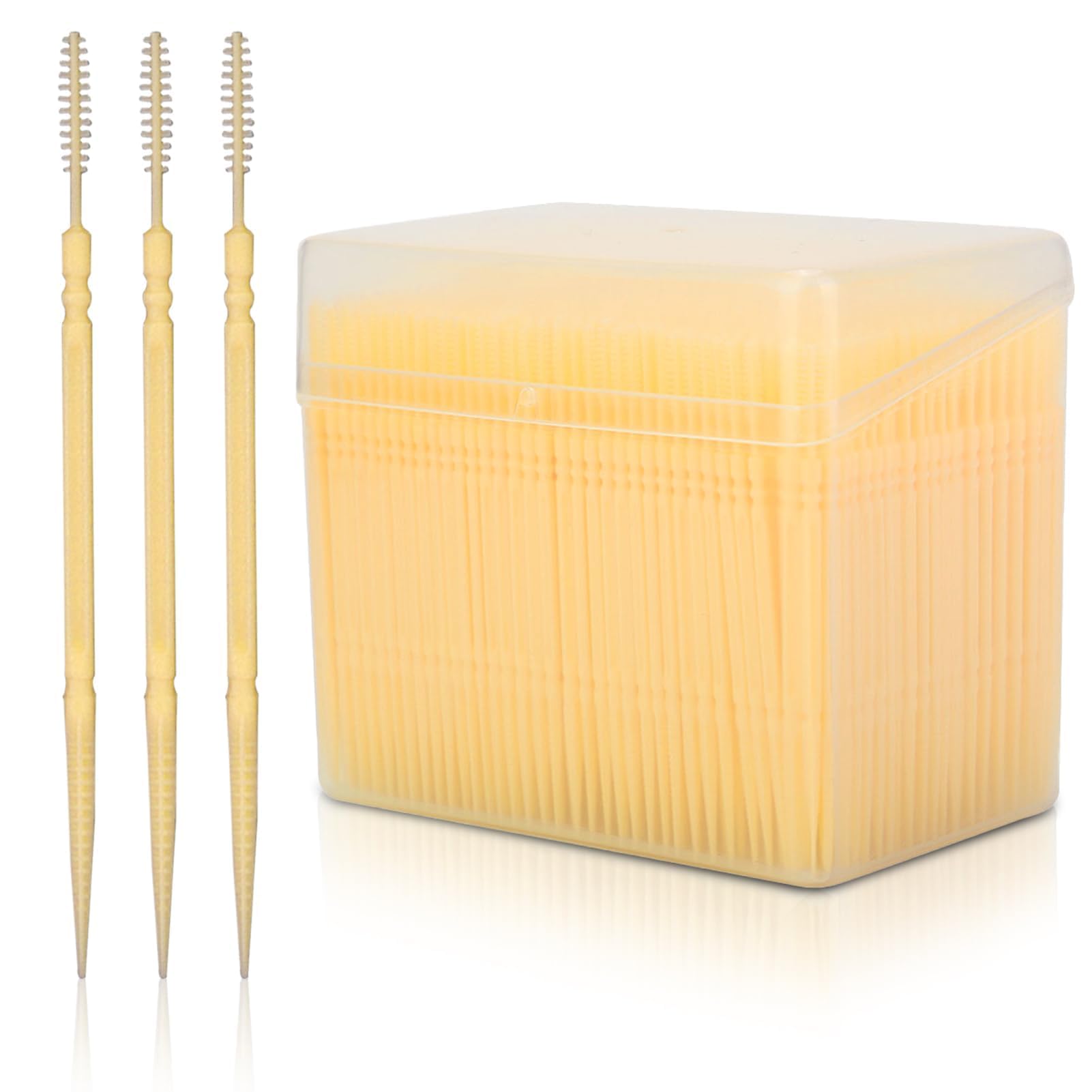1100 Plastic Toothpicks, Round Double Headed Toothpicks Dental Floss Picks Interdental Brushes Flosser Sticks Toothpick Tooth Flossing Oral Cleaning Toolwith Storage Box for Oral Care (Yellow)