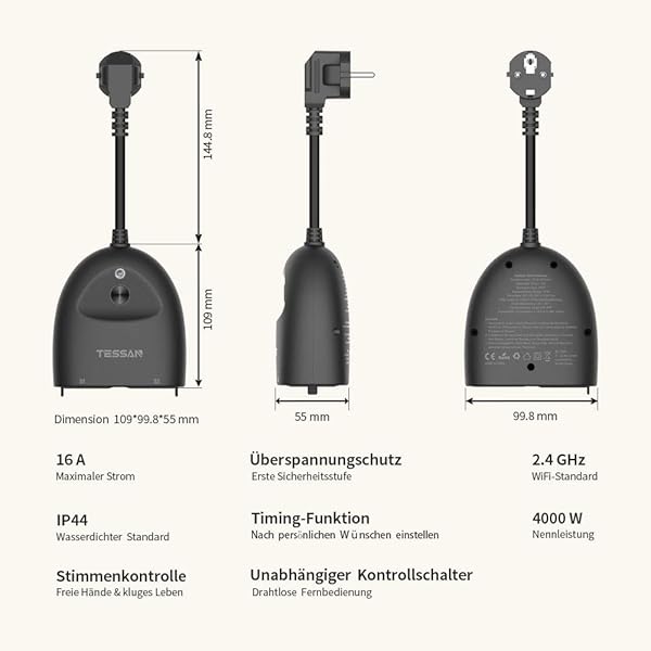TESSAN Enchufe WiFi exterior 4000 W16 A Smart Home Plug resistente al agua enchufe exterior WiFi IP44 con 2 AC con control remoto por aplicacin compatible con Alexa Google Home e IFTTT