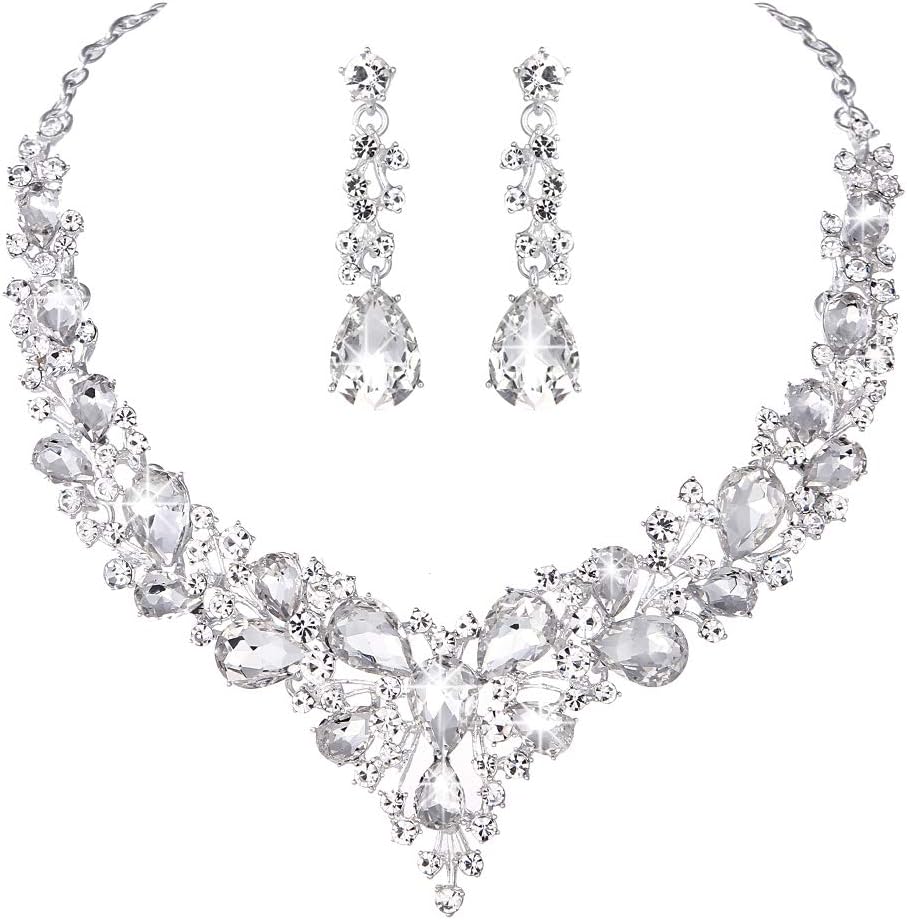 Youfir Bridal Austrian Crystal Necklace and Earrings Jewelry Set Gifts fit with Wedding Dress