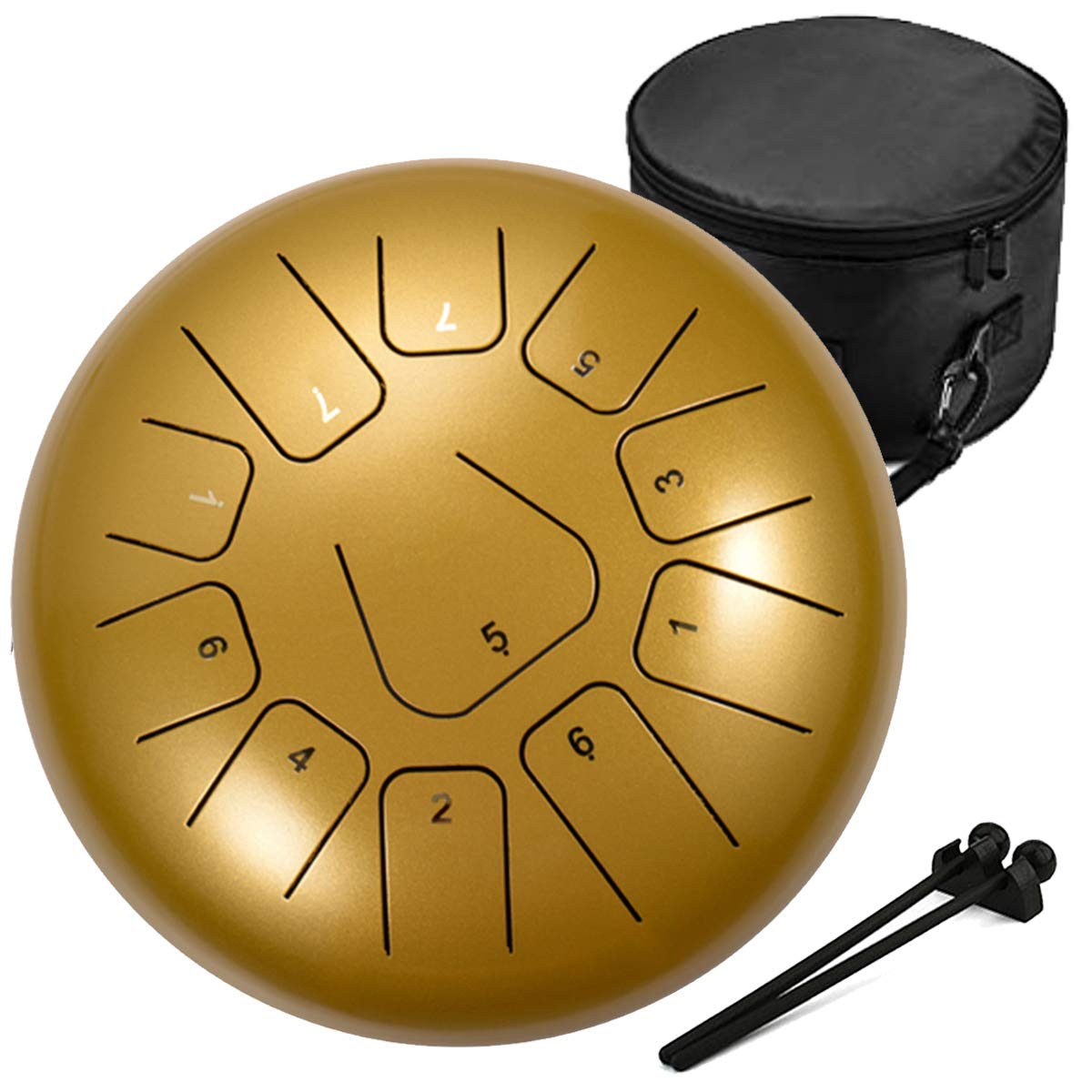 Amkoskr 10 Inches Steel Tongue Drum - 11 Notes Hand Pan Drum with Mallets & Carry Bag (Gold)