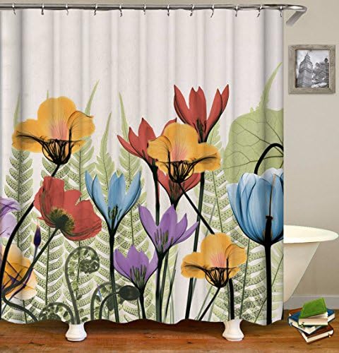Dynabit Watercolor Floral Fabric Shower Curtain Set, 72" x 72", Blue Red Orange Purple Flowers Print, Retro Original Shower Curtain