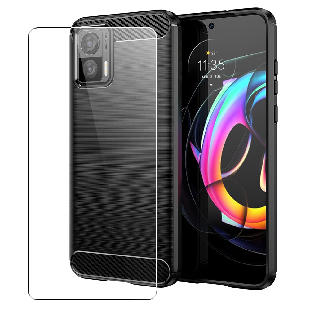 SDTEK Case Compatible with Motorola Edge 30 Neo, Full Body Front and Back 360 Protection Carbon Fibre Phone Cover with Tempered Glass Screen Protector