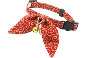 PetSoKoo Bunny Ears Cat Collar, Japan Lucky ‘開三運’ Charm. Safety Breakaway Bowtie Kitten Collar with Bell, Red
