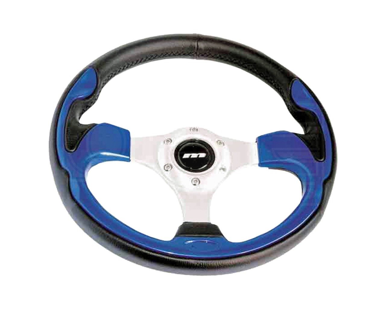 Mountney M32X3VV7S M Range Steering Wheel , Silver Anodised Center, 3 Spoke, Black Leather With Metallic Blue Inset, 320mm In Diameter