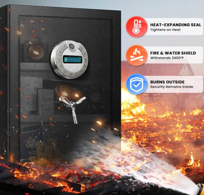 6.0 CuFt Large Fireproof Safe with Biometric Access– Reinforced Steel Body (Over 90LB), Dual Adjustable Shelves, LCD Display & Heat-Sealing Fire Gasket for Home Security