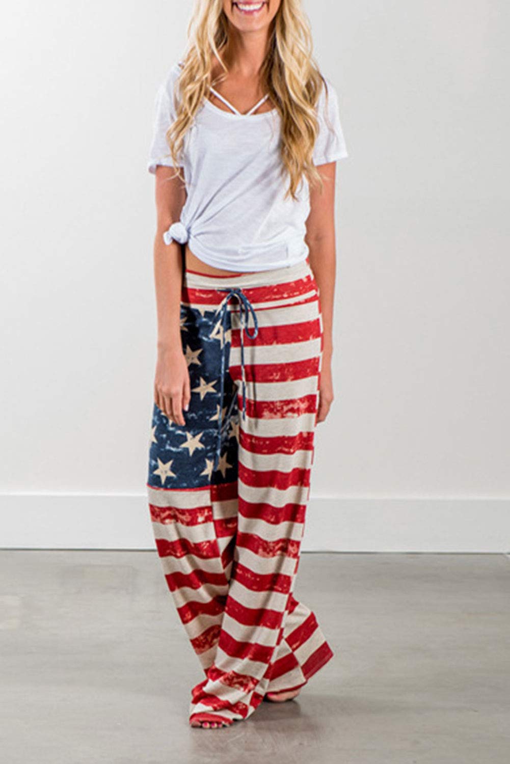 High Drawstring Waist Wide Leg Pants for Women Palazzo Lounge American Flag L