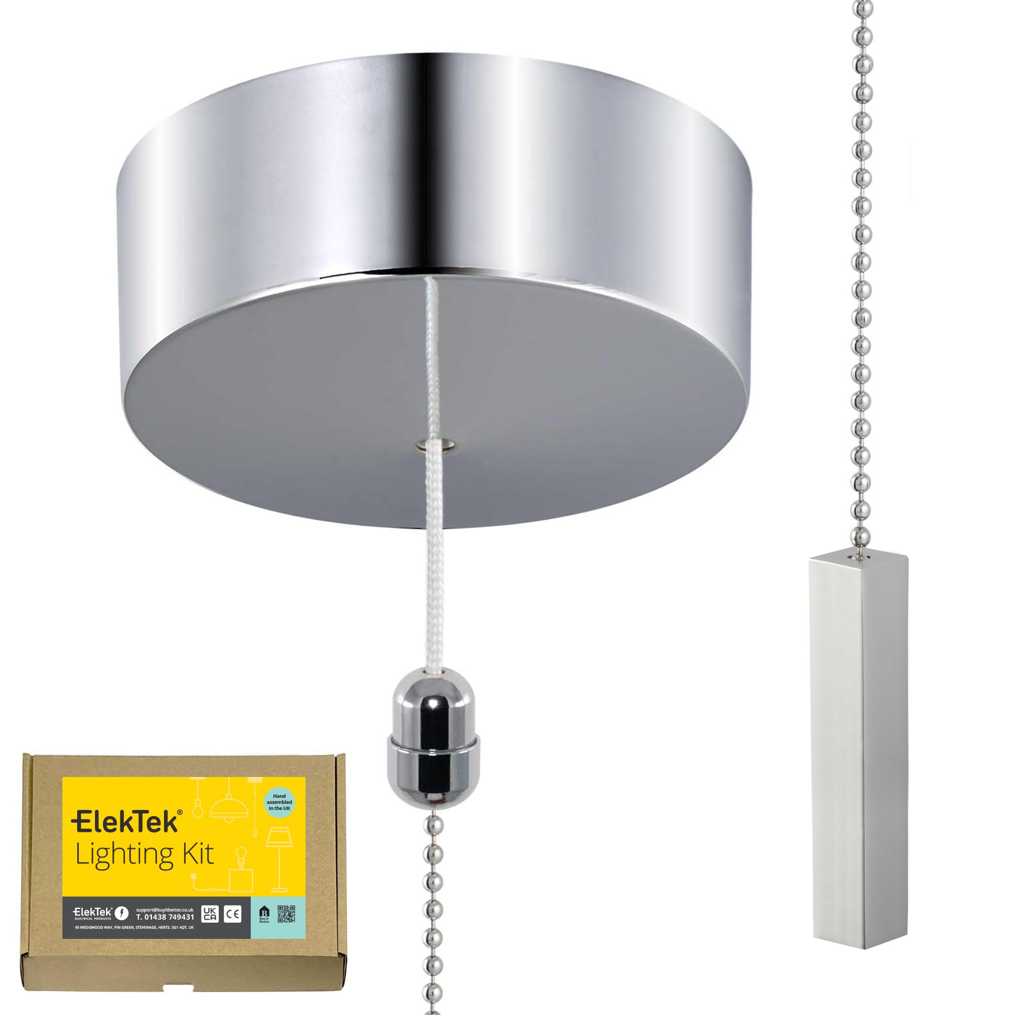 ElekTek UK Safety Approved Chrome Bathroom Light Pull Switch Kit, Chrome Square Bar Fob Handle & Extension Chain, EN 60669-1 & CE Mark, Earth Terminal, 6A 250V, 1 or 2 Way use Full Wiring Instructions