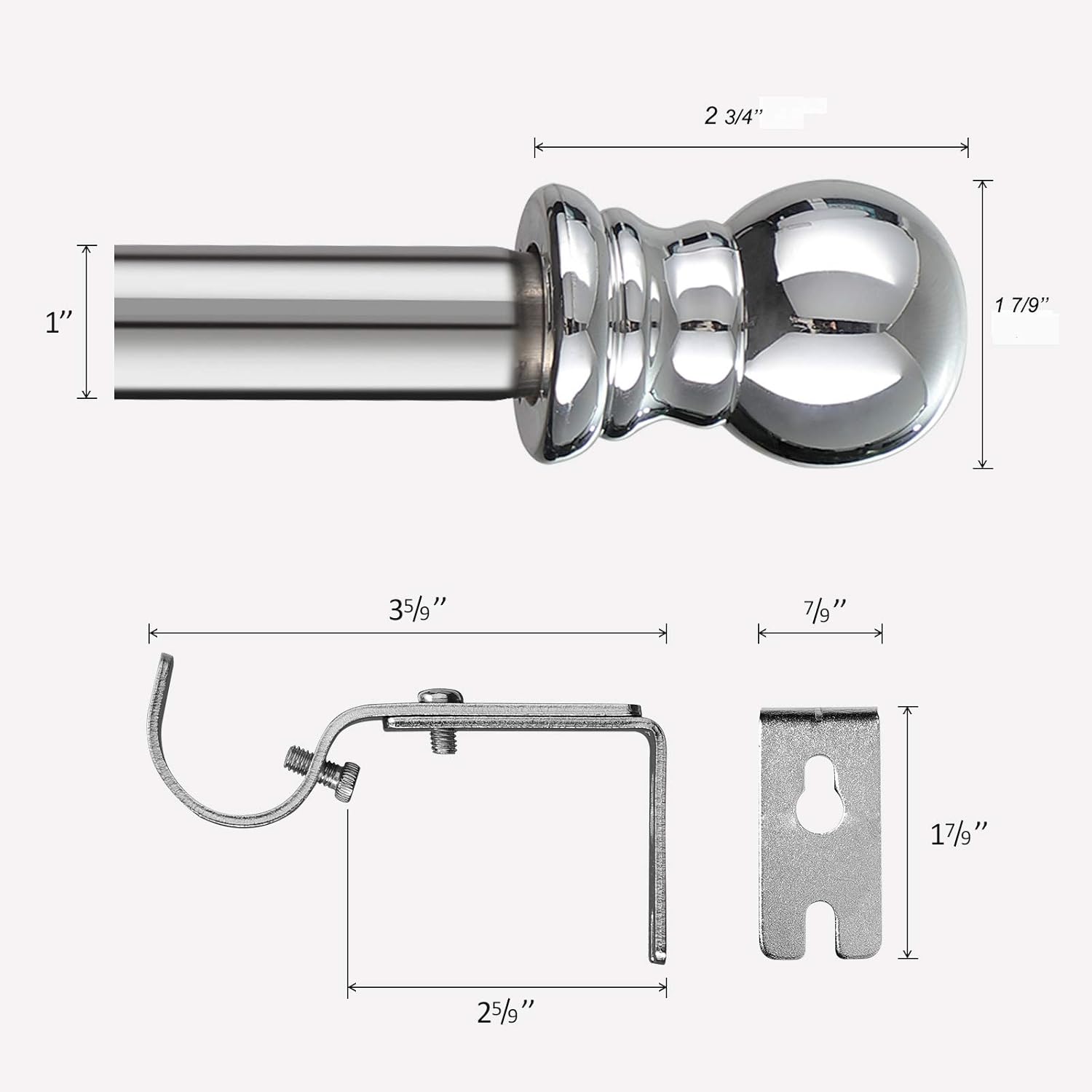 Wefaith Single Curtain Rods - 1’’Diameter Curtain Pole for Windows 30-87’’Heavy-Duty Adjustable Window Rod with Brackets and Classic Round Finials for Bedroom Kitchen Silver: Home & Kitchen