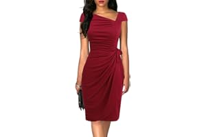 LIYINXI Women's Vintage Cap Sleeves Asymmetrical Neckline Sheath Bodycon Casual Work Cocktail Party Pencil Faux Wrap Dresses
