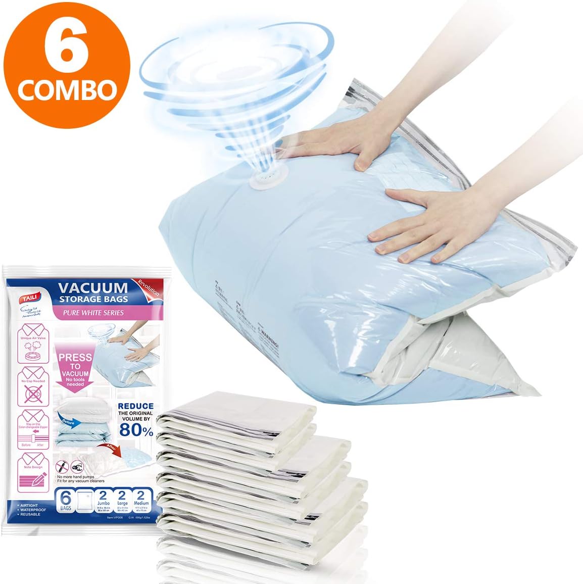 TAILI Vacuum Storage Bags for Duvet, Clothes Set of 6 Pack (2 Jumbo, 2