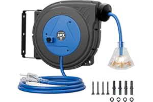 ISLEWIRE 30FT Retractable Extension Cord Reel, 16AWG/3C SJTOW Heavy Duty Power Cord Reel with Lighted Triple Outlets, 10A Circuit Breaker, Lightweight Ceiling/Wall Mount Reel for Garage, ETL Listed, Blue