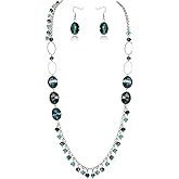 Firstmeet Colorful Glass Bead Long Necklace with Earrings Stunning Pendant Necklace Set
