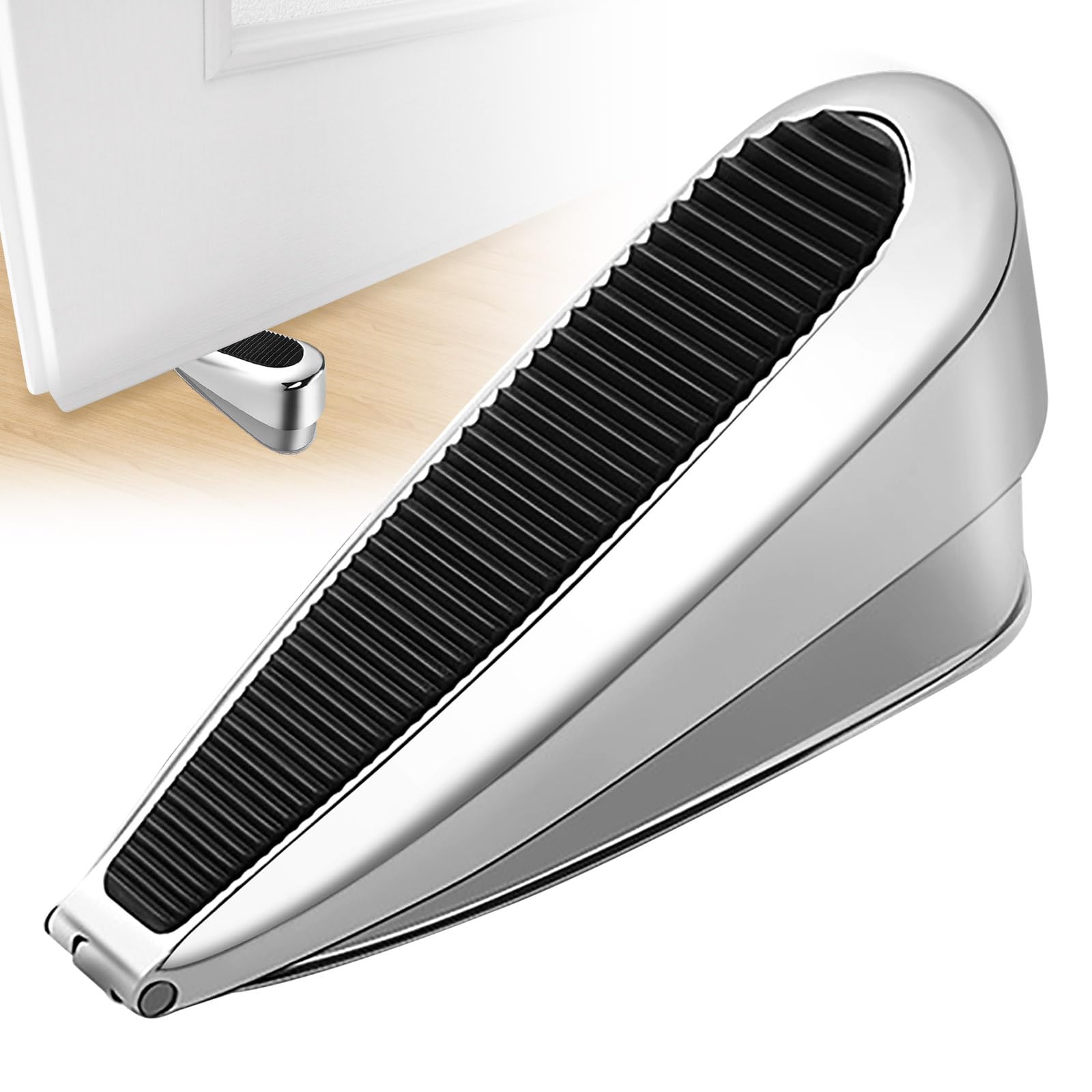 KIPTVO Heavy Duty Door Stopper Wedge - Solid Stainless Steel Security Door Stop for Tall/Heavy Doors, Anti-Slip Base for All Floor Types (Black)