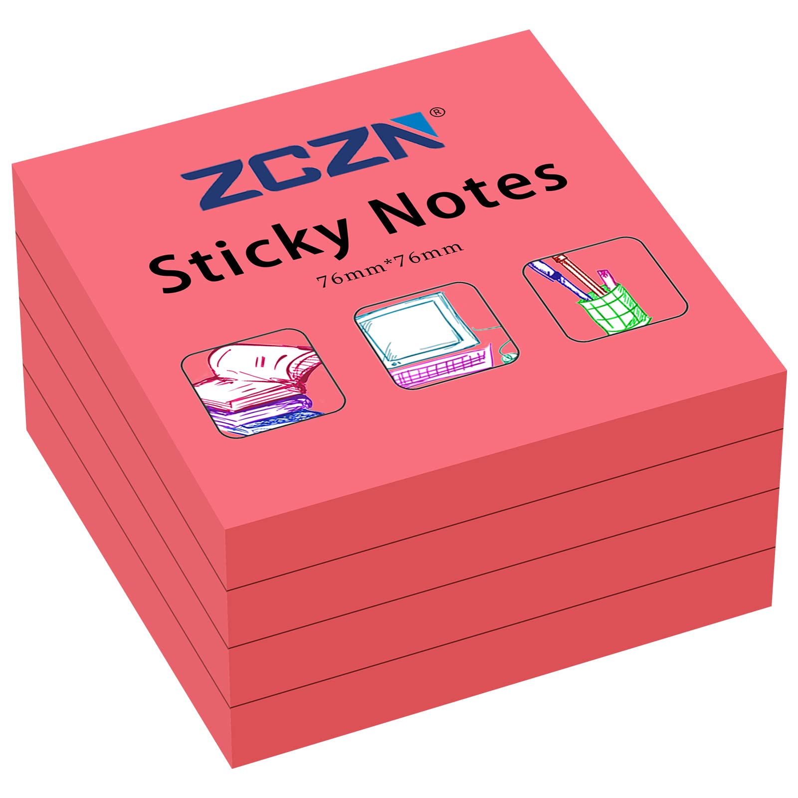 ZCZN 76 x 76 mm Sticky Notes, 100 Sheets/Pad, 4 Pads, Red