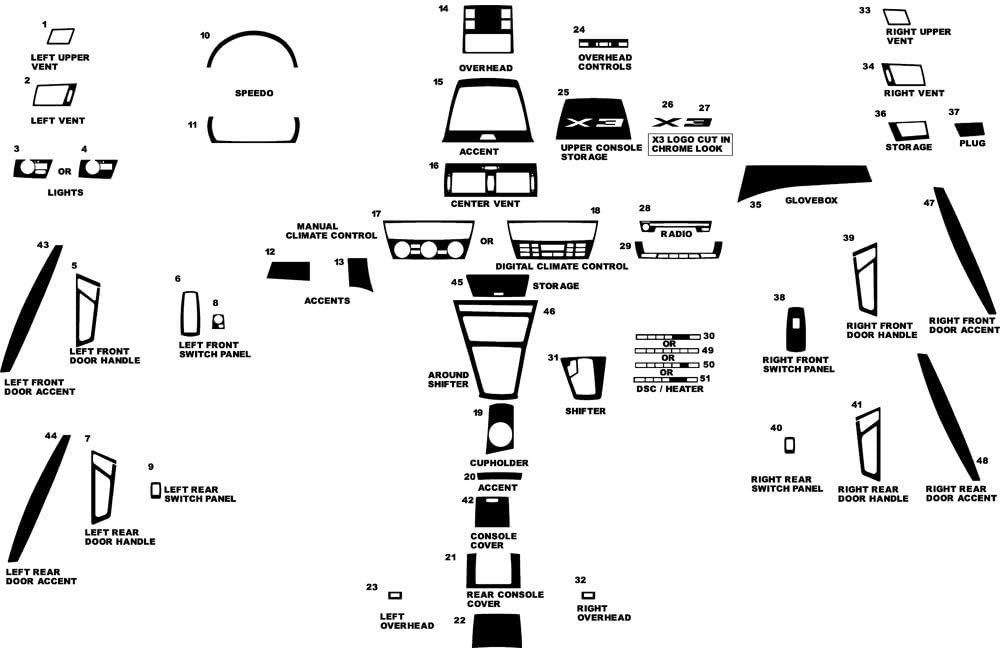 Rvinyl Rdash Dash Kit Decal Trim for BMW X3 2004-2010 - Wood Grain (Burlwood Dark)
