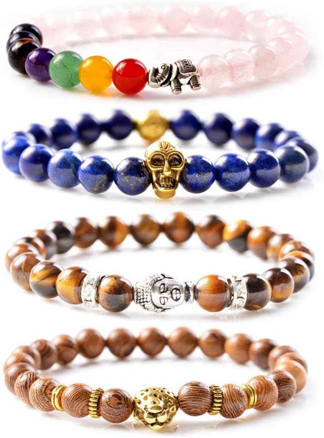 JILIN Unisex Mens Bracelets Set - Lava Rock Black Matte Agate Dragon Vein Agate Tiger Eye's Stone Beads Bracelet, Gold & Silver Plated Lion Head (7 Chakra Stones)