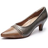 Mona flying Women's Leather Pump Med Heel Pointed Toe Office Dress Shoes for Ladies