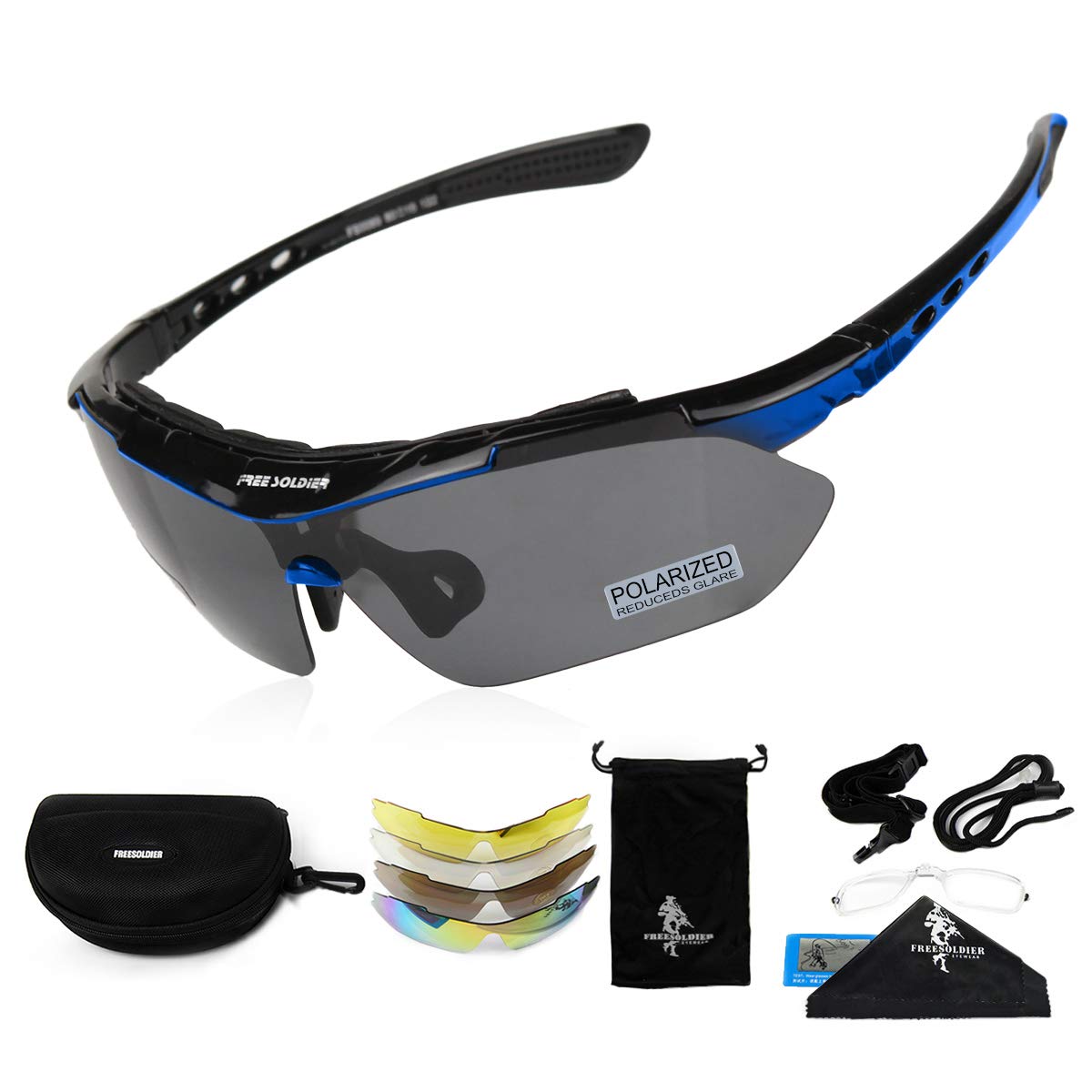 FREE SOLDIER Sports Sunglasses 5 in 1 Polarized Cycling Glasses for Men Women Tactical Military Glasses for Cycling Running Driving UV 400 Protection Golf Sunglasses,Blue
