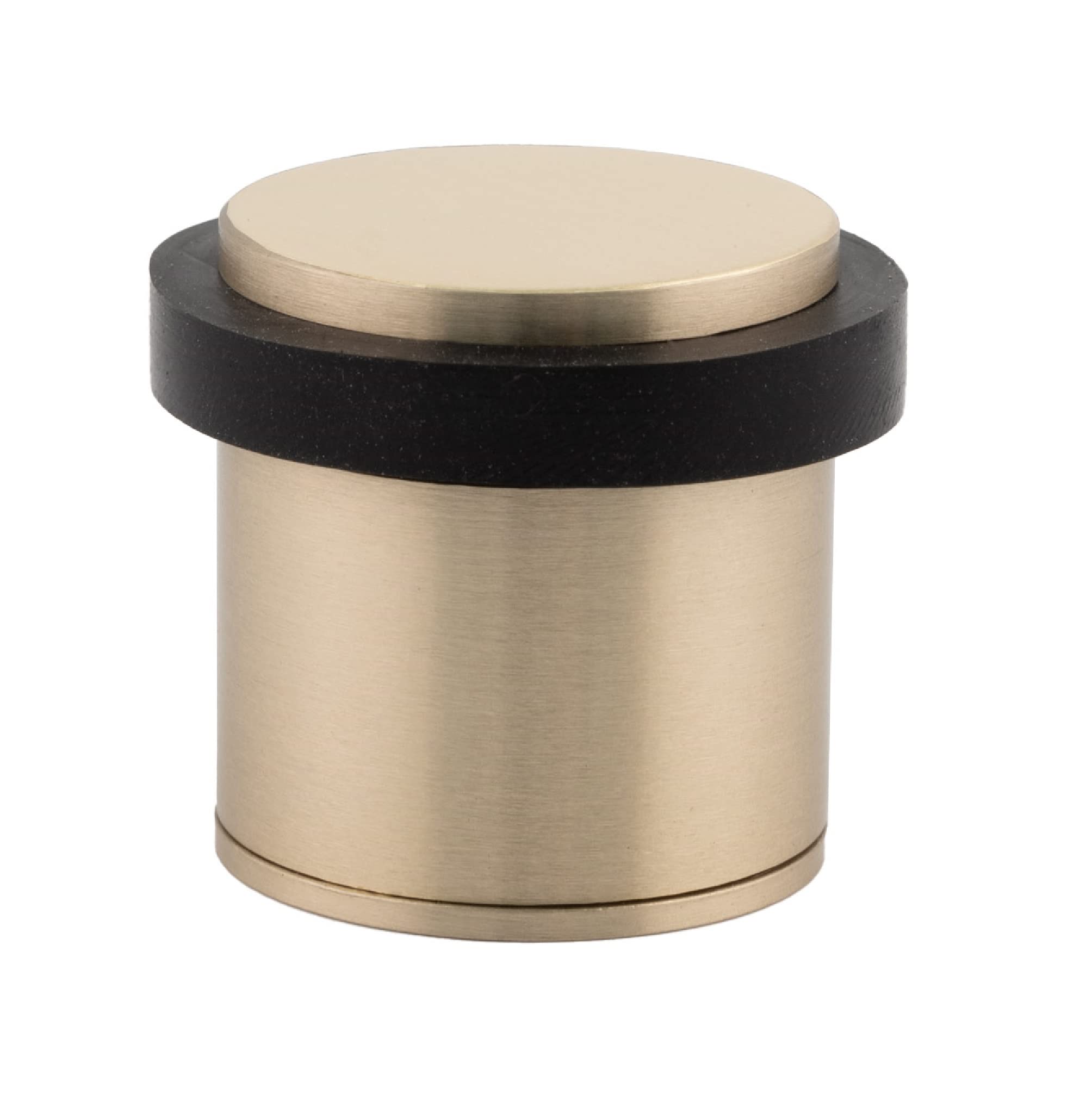 EVI Herrajes | Brass Door Stop | Ø28x30mm | Floor Mounted | Matte Finished Brass | Natural Silicone Protection | Includes Screw + Fastening Plug | Model I-202LMT
