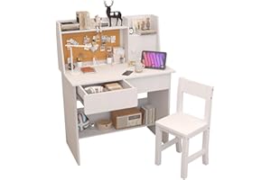 SFDOU White Kids Desk and Chair Set for 5-12 Year Old, Childrens Computer Desk with Drawers and Storage Shelf, Kids Study Table with Charging Station