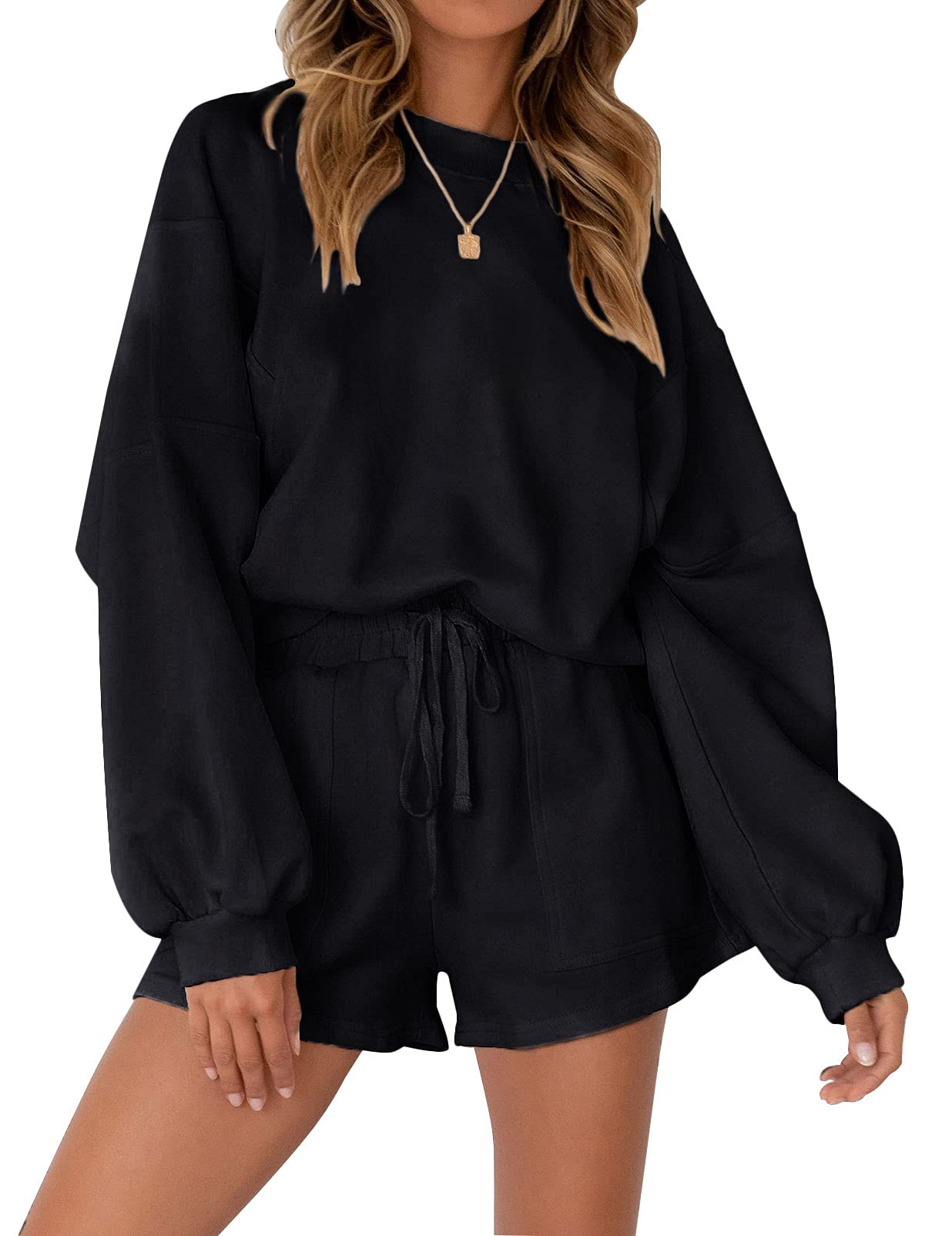 Photo 1 of MEROKEETY Women's 2025 Fall Oversized Batwing Sleeve Lounge Sets Casual Top and Shorts 2 Piece Outfits Sweatsuit Black