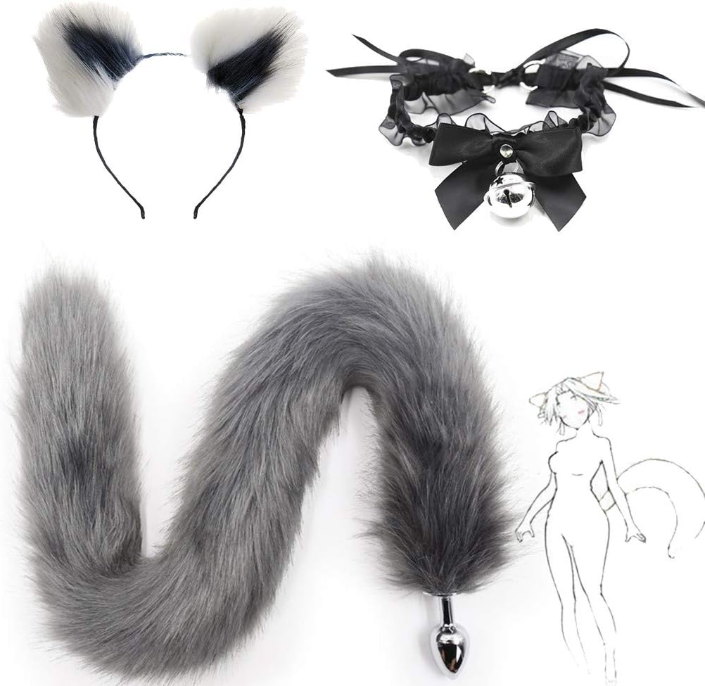 3 Pcs Long Fluffy Grey Faux Fox Tail B-ü~t`t Pl-ù`g T-ö-ys & Multicolor Plush Cat Ears Headband & Bell Lace Bow Tie Costume Cosplay Props (L, White & Grey #2)