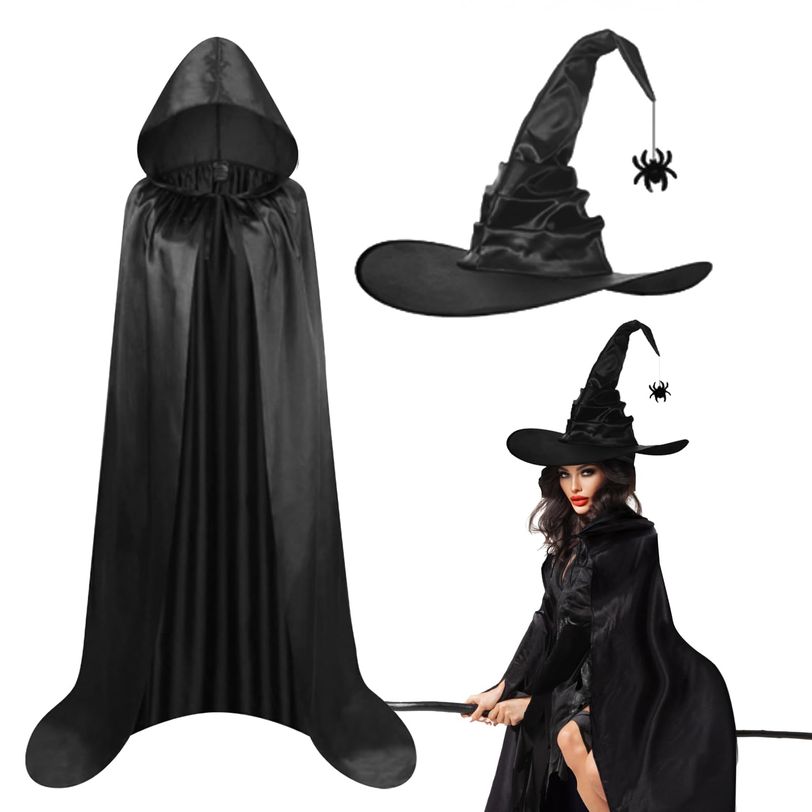 DKINY 2 Piece Black Witch Costume Adult, Ladies Halloween Fancy Dress Costume Set with Vampire Hooded Cloak & Black Witch Hat, Halloween Outfit for Women Haunted House Halloween Party Cosplay