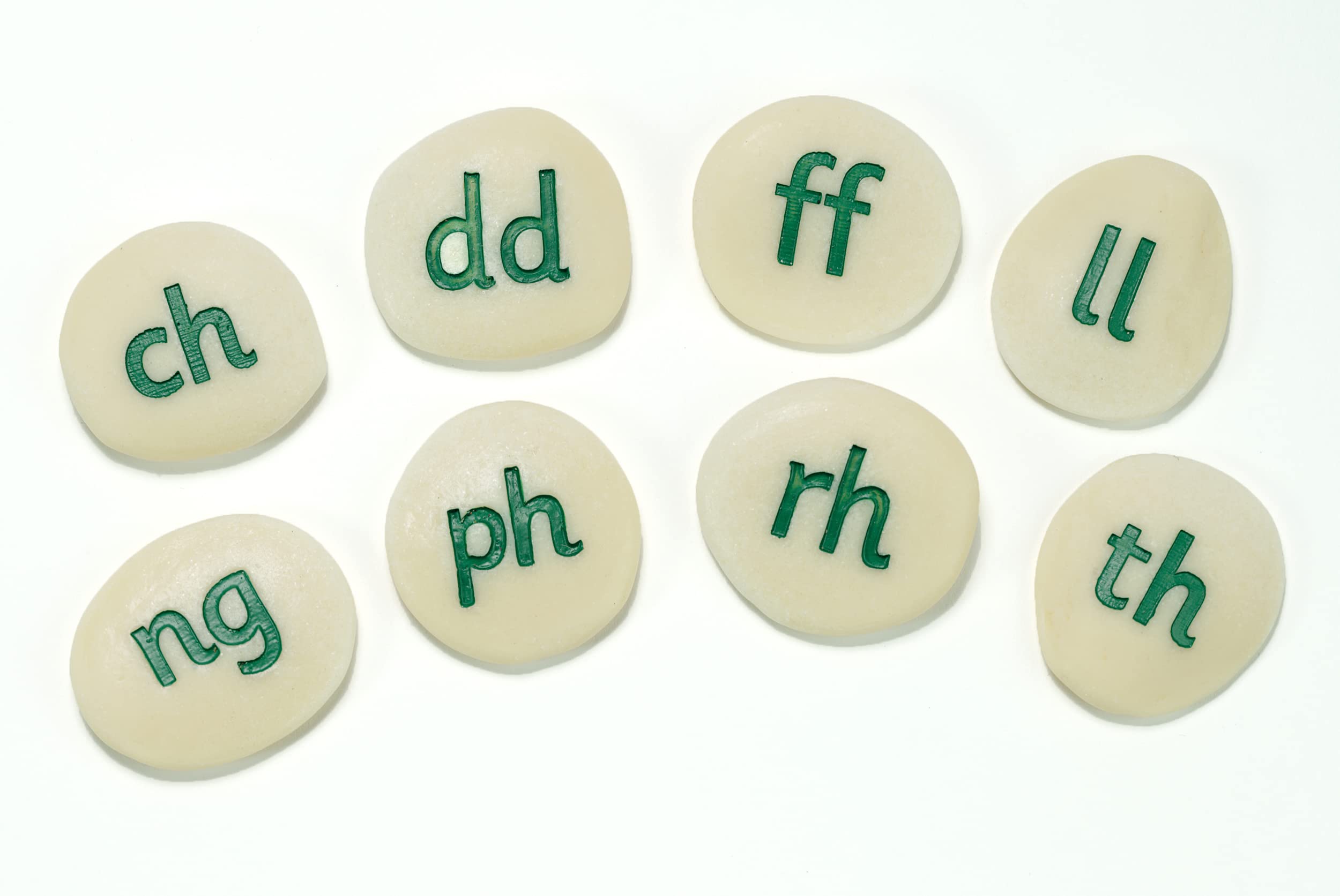 Yellow Door Welsh Phoneme Alphabet Pebbles | ABC Spelling lowercase letter stones | Educational Toy for kids age 2 3 4 5 | Durable Outdoor Learning | Set of 8 | Welsh phonics | language literacy