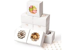 Shallive 4-Inch Small Cookie Boxes 50 Pcs White - Bakery Treat Boxes with Window for Gifting, To-go Containers for Cake Slice, Macarons, Donuts 4x4x2.5
