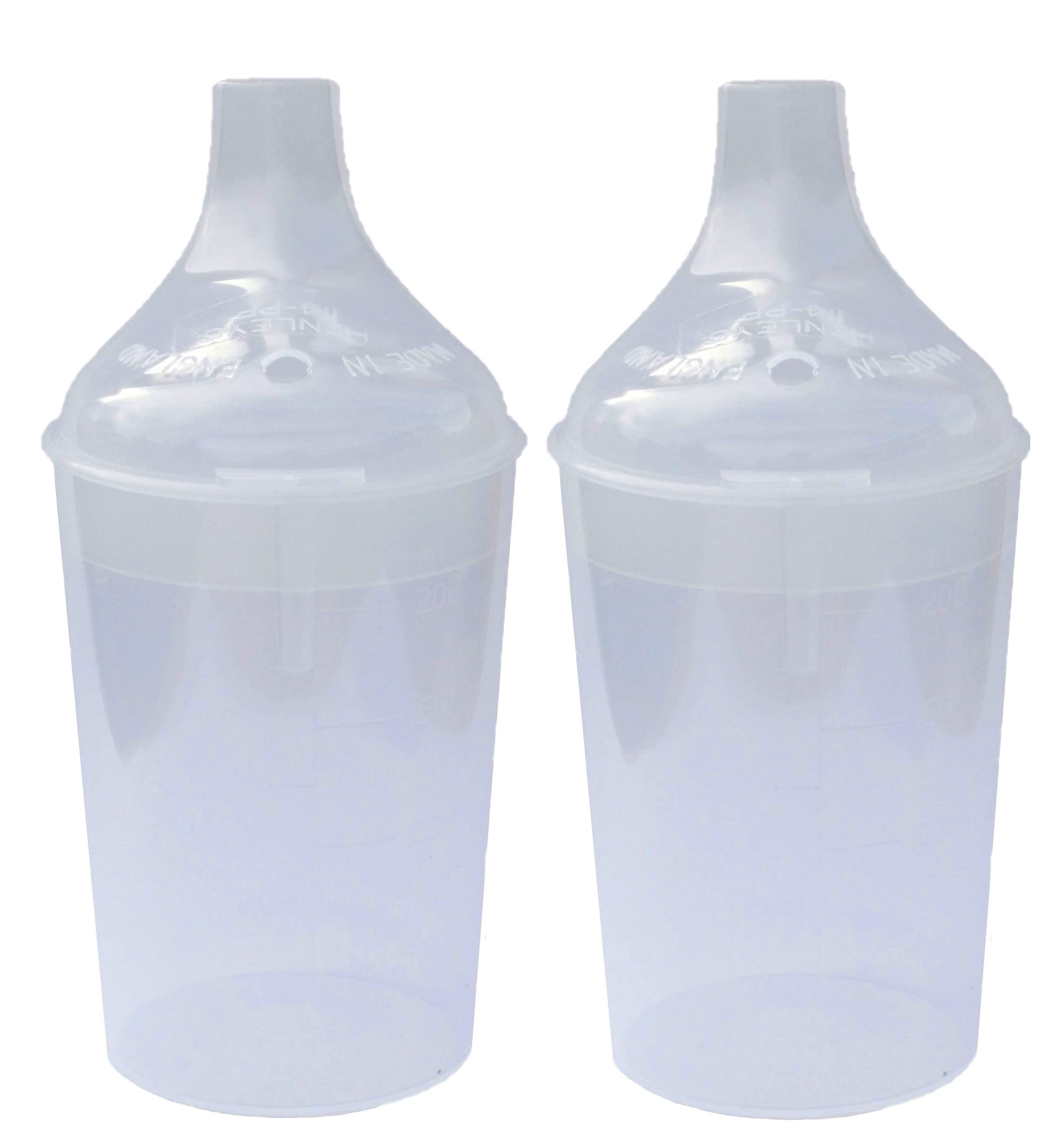 Lizzyoftheflowers 2 Pack - Clear, Wide Spout, Feeding Beakers. 200ml with Graduated Measurements and Controllable Flow Lid - Re-usable Product, Microwave Safe & Spill-Proof