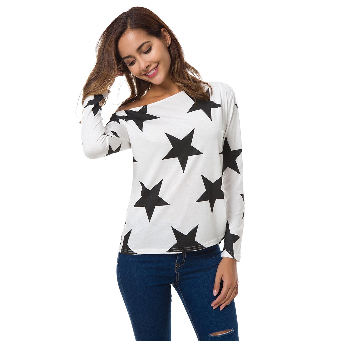 Zumine Women\'s One Off Shoulder T Shirts Star Print Long Sleeve Blouse Tops (L, White)