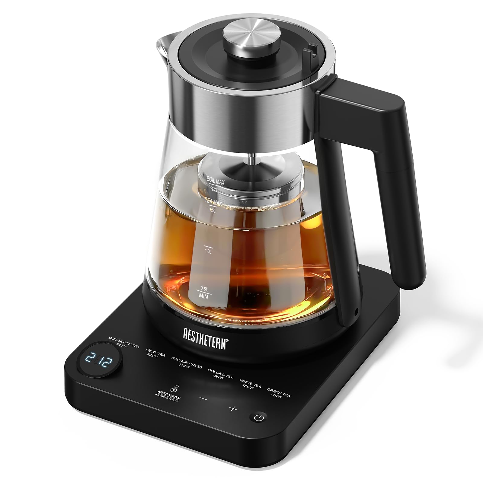 Aesthetern Tetera Eléctrica con Infusor Hervidor Eléctrico de Vidrio de 1,7 L con Control de Temperatura Apagado Automático 12H Mantener Caliente para Calentador de Agua para Té y Café, Negro