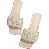 GORGLITTER Women's Pearls Sandals Rhinestone Flat Sandals Dressy Open Toe Slide Sandals