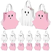 Sweetude 24 Pcs Halloween Ghost Paper Gift Bags Pink and White Ghost Shaped Goodie Candy Bags Bulk with Handles Trick or Treat Party Favor for Holiday Spooky Birthday Party Gift Wrap Supplies