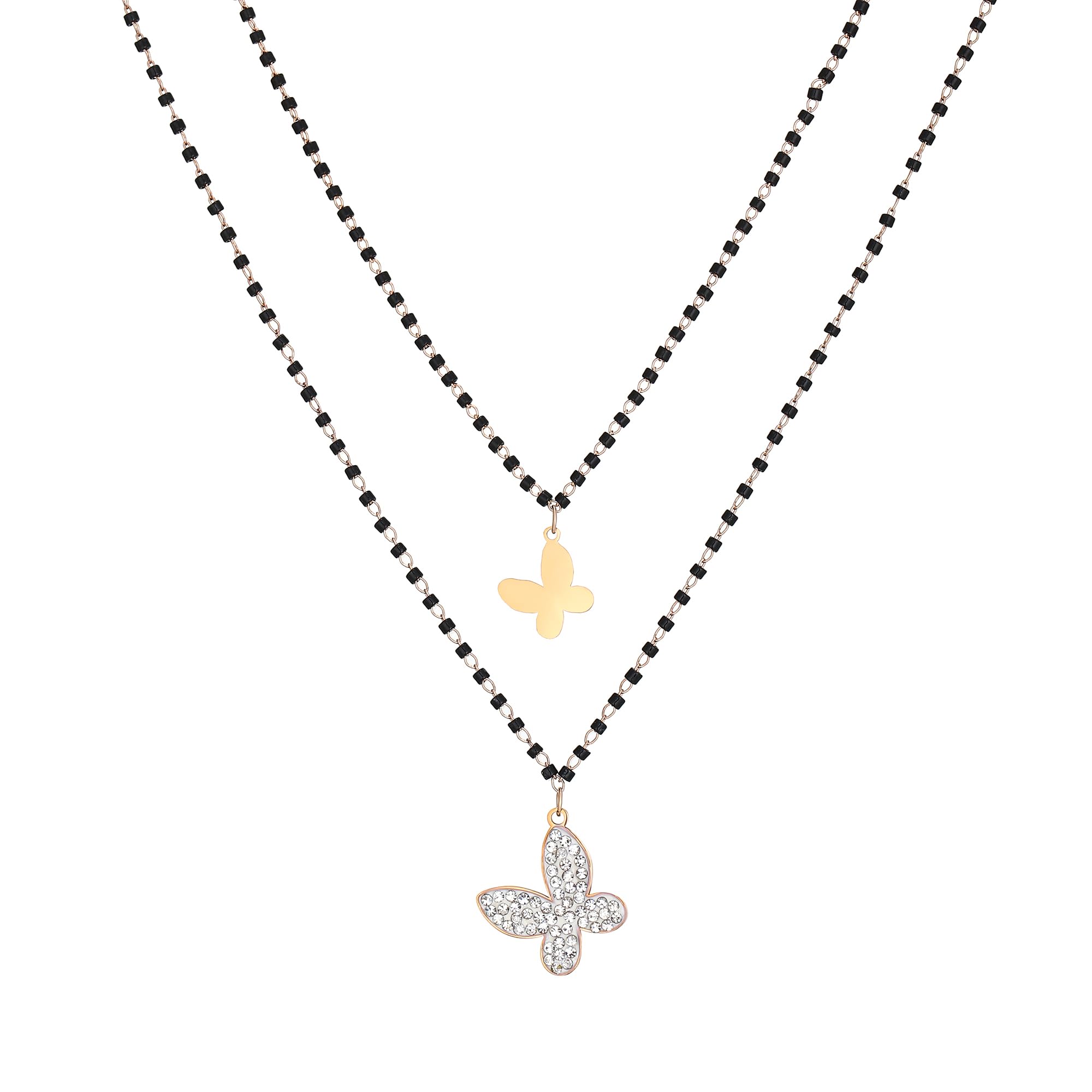 Stainless Steel Double-Layer Animal Pendant Necklace for Women Black Crystal Butterfly Pendant Necklace Adjustable Necklace Rose Gold Silver Fashion Jewelry Women Necklace Gift for Friends, Mom
