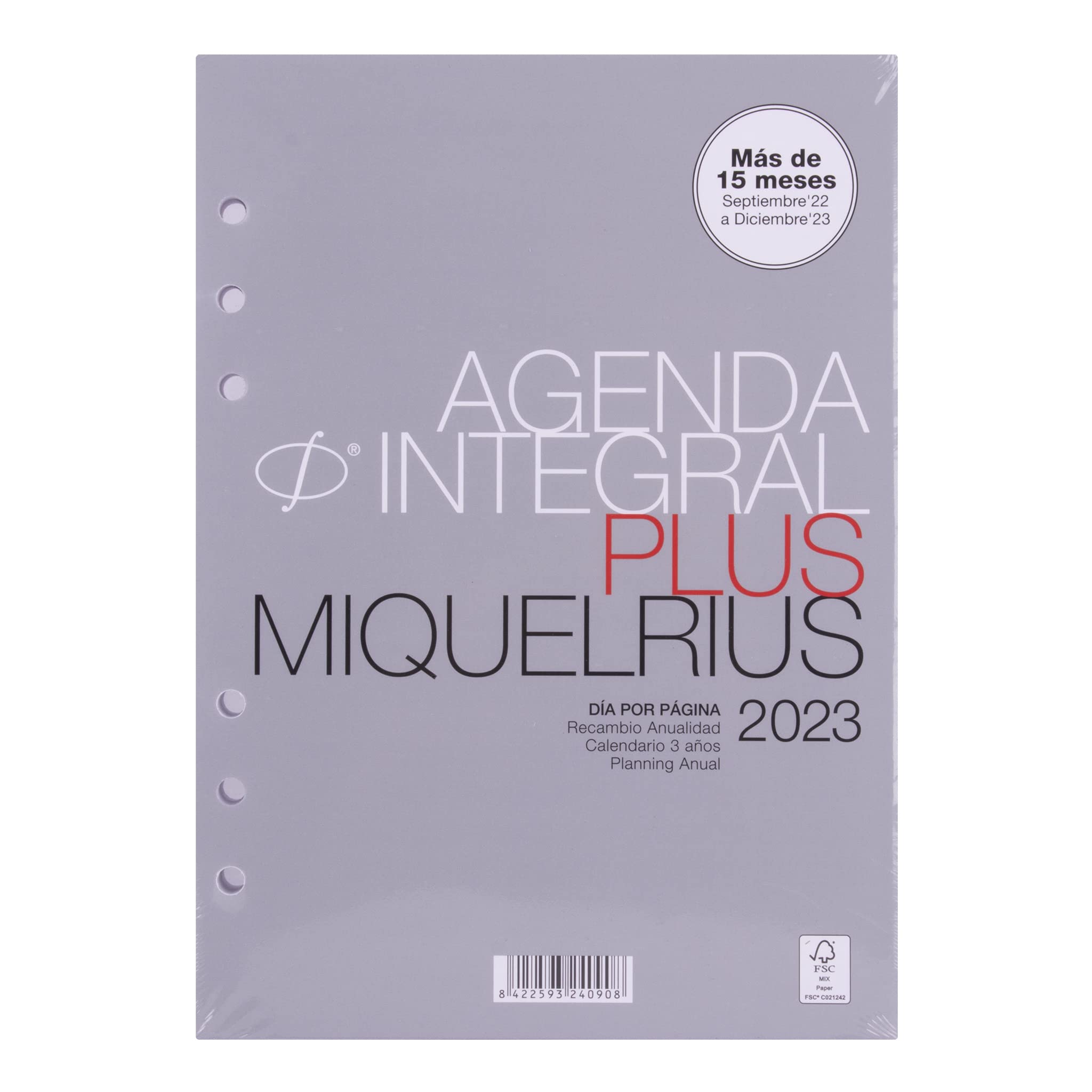 Miquelrius - 16 Month Ring Planner Refill (September 2022 December 2023) - Day by Page - Plus Size 155 x 213mm (Approx A5) - Spanish