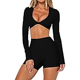INFITTY Womens Long Sleeve Crop Workout Tops Double Lined Twist Deep V Neck T Shirts Yoga Athletic Top Tee