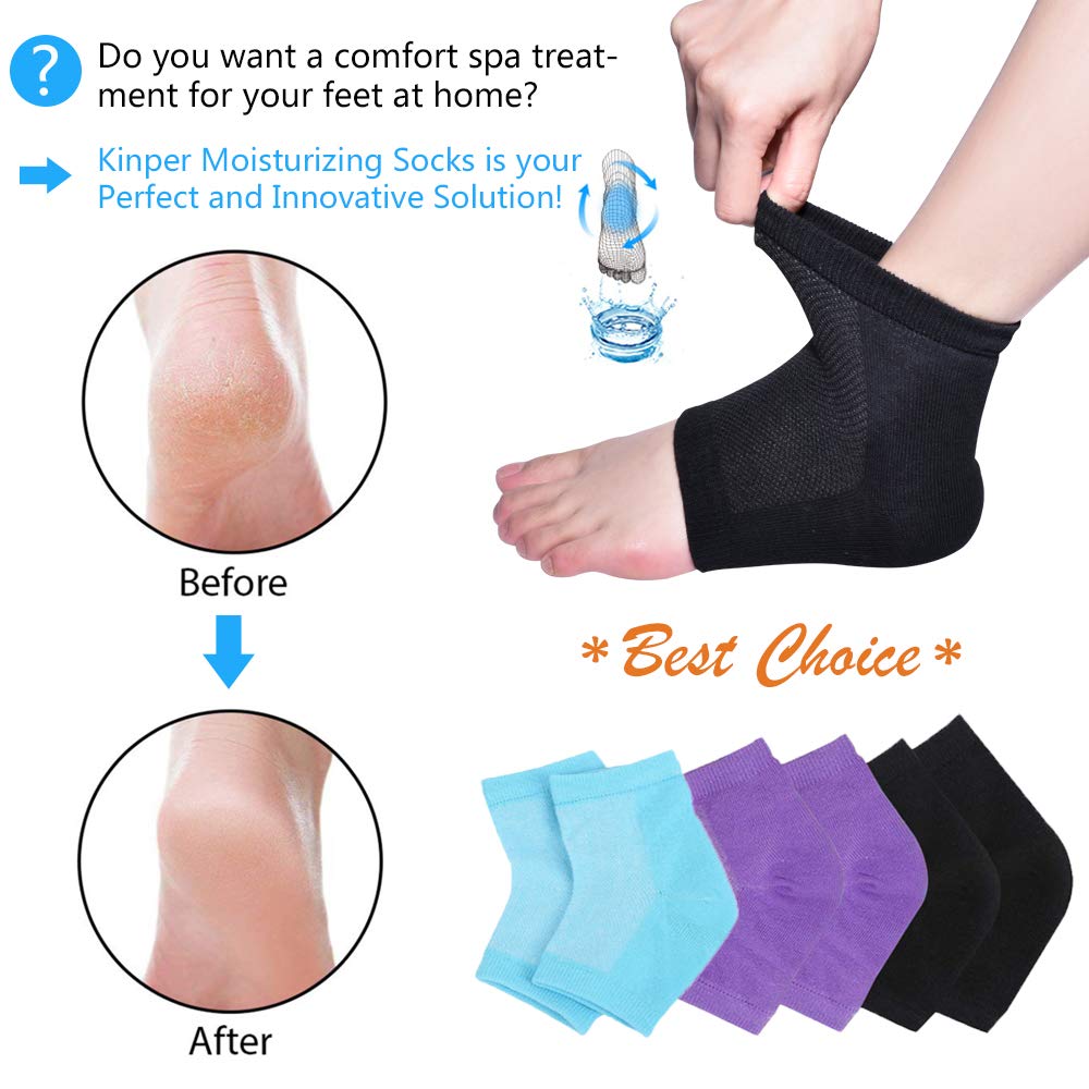 Moisturizing Socks, 3 Pairs-Moisturizing/Gel Heel Socks for Dry Cracked Heels, Open Toe Socks, Ventilate Gel Spa Socks to Heal and Treat Dry, Gel Lining Infused with Vitamins (Blue, Purple, Black) : Beauty