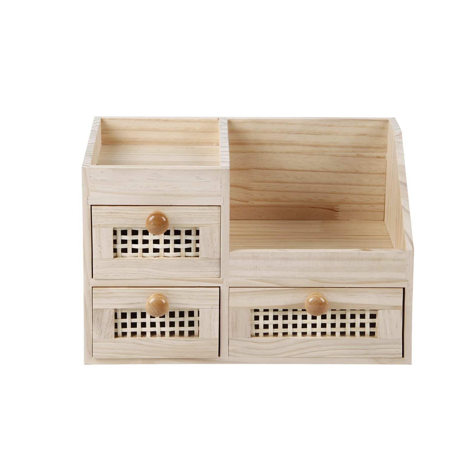 Photo 1 of GYASVWU Bamboo Desk Organizer-No Assembly Required,Mini Bamboo Desk Drawer Organizer,Tabletop Storage Box for Office/kitchen counter/Bedroom, No Assembly Required (3 Drawer with Shelf)