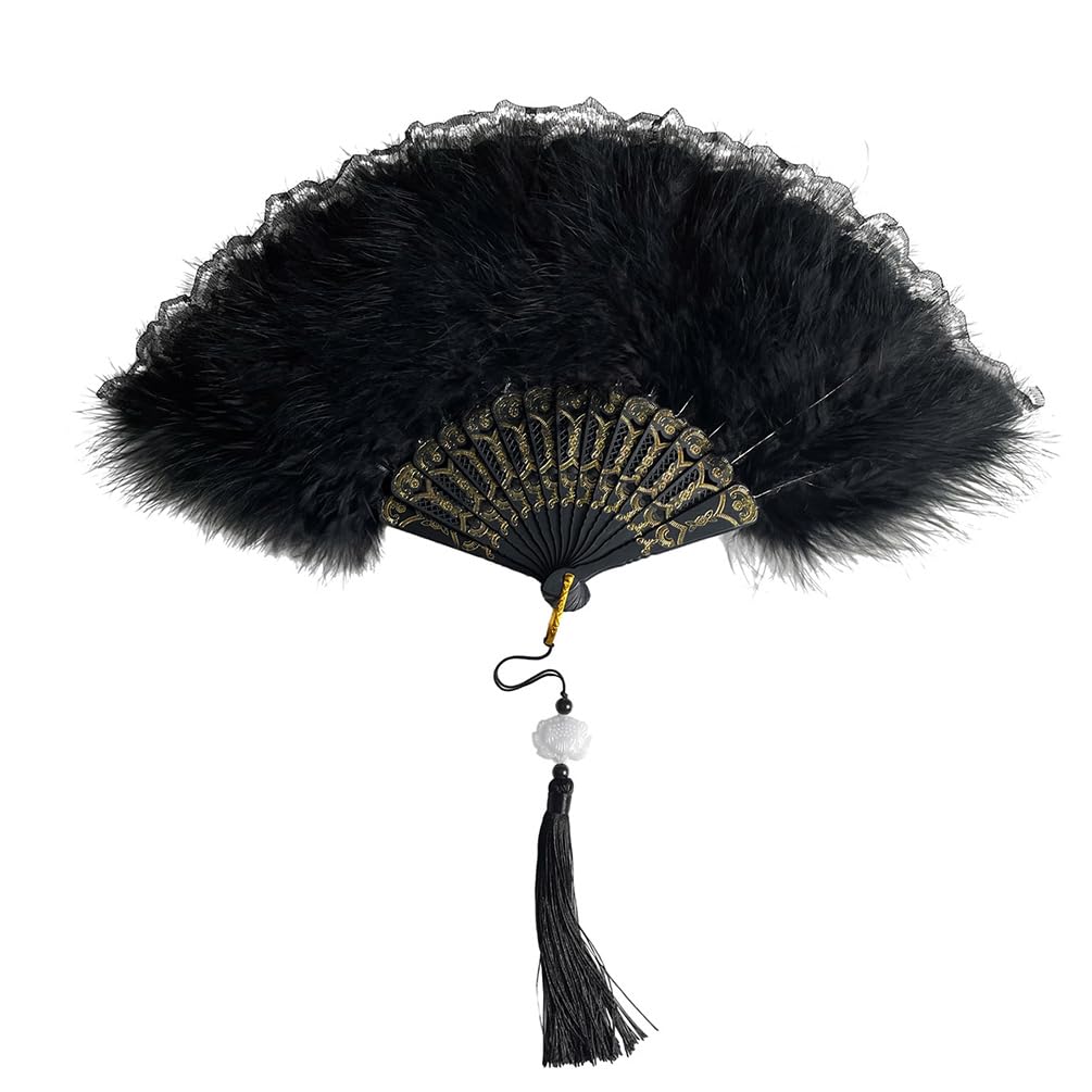 Photo 1 of Black Feather Fan 20s Vintage Retro Lace Handheld Folding Hand Fan for Women Girls Halloween Cosplay Costume Photo Props, Party Performance, Dancing Show Tea Party Decorations