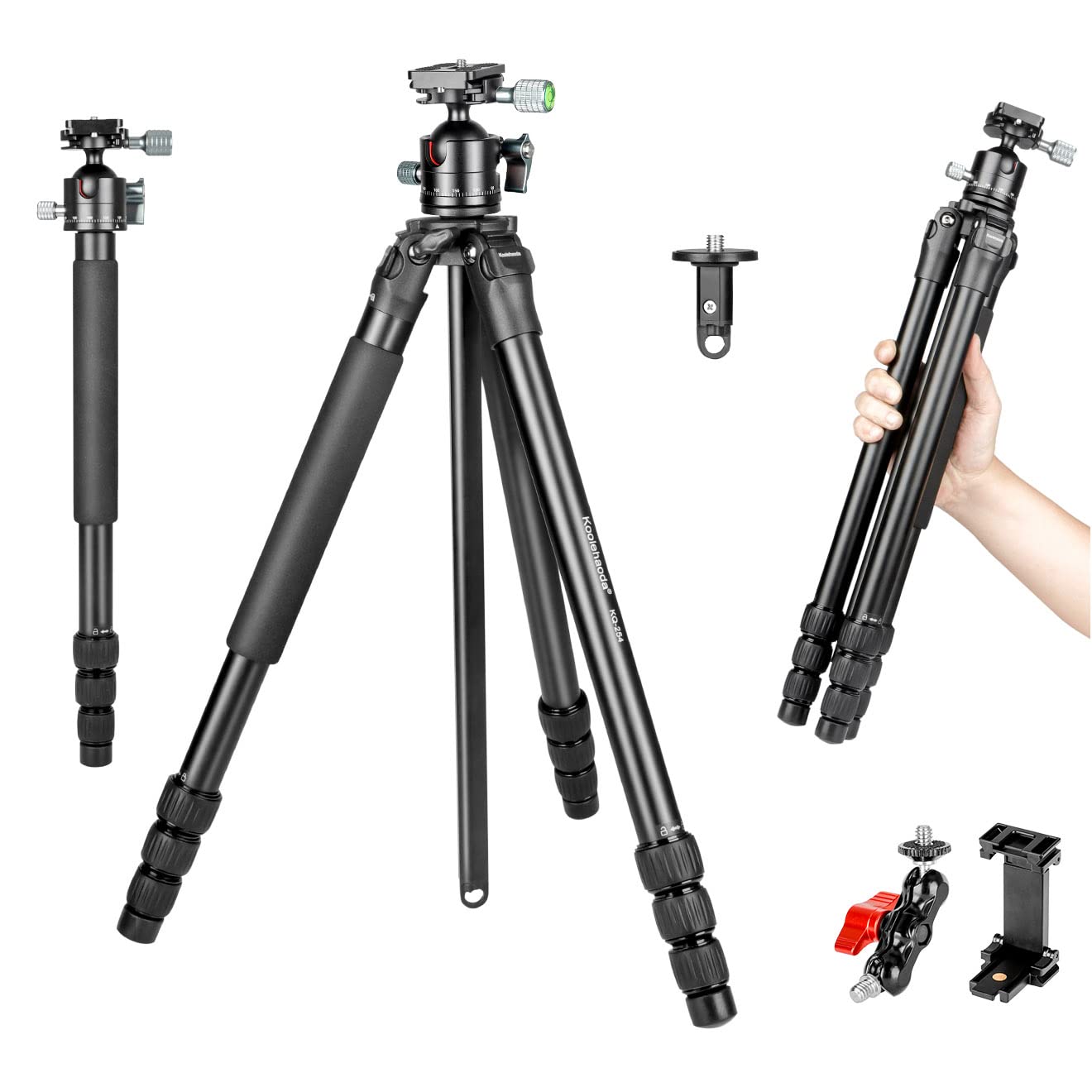 Koolehaoda Camera Tripod 62in /3 lbs,Compact Lightweight Aluminum Travel Tripod Monopod Kit with 36mm Low Profile Ball Head and Short Center Column for DSLR Camera,Load up to 33lbs/15kg