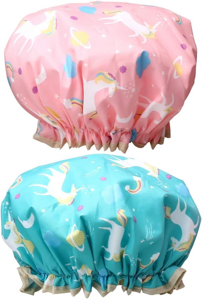 kuou 2Pcs Elastic Band Shower Caps, Double Layers Bath Caps Waterproof Designed Satin Lined
