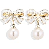 LKingel Pearl Bow Earrings for Women Delicate Bow Dangle Earrings Ribbon Bow Stud Earrings Bow Dangle Drop Earrings Preppy Cute Teen Christmas Jewelry Accessories