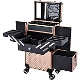 Adazzo Professional Makeup Artist Rolling Train Case Multi-functional Cosmetic Train Case Large Trolley Storage Case for Nail Technicians Cosmetology Case for Hairstylist Rose Gold