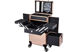 Adazzo Professional Makeup Artist Rolling Train Case Multi-functional Cosmetic Train Case Large Trolley Storage Case for Nail Technicians Cosmetology Case for Hairstylist Rose Gold